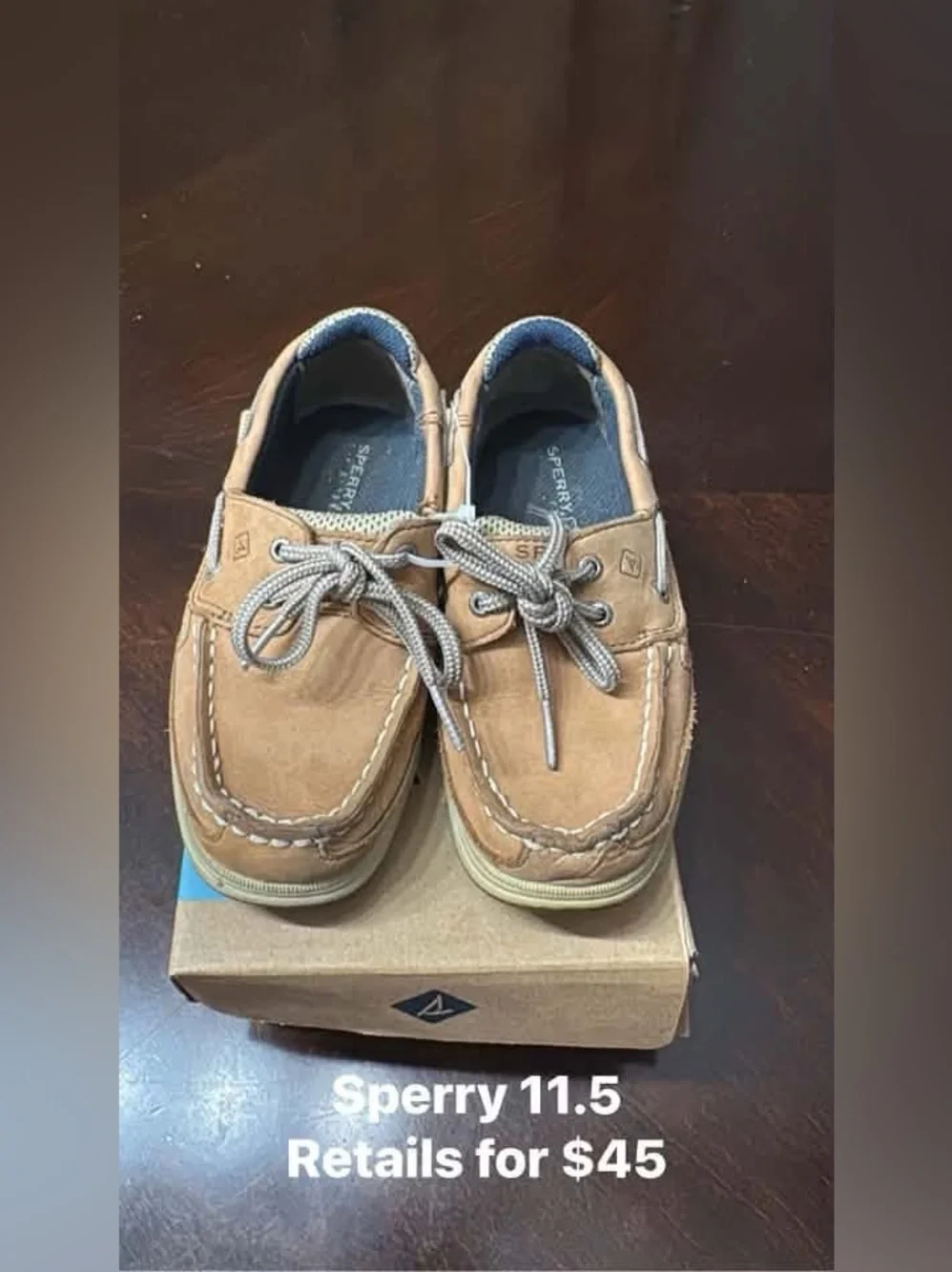 Sperry Kids Tan Leather Boat Shoes with Gray Laces VGUC